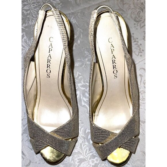 Caparros women’s heels shoes size 8.5B gold metallic open peep toe sling back - Picture 1 of 7